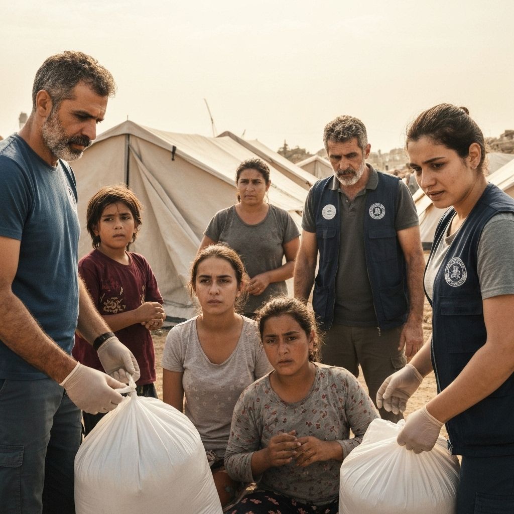 Humanitarian aid workers helping families
